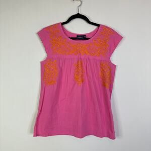 Madison Matthew’s Embroidered Pink & Orange Short Sleeve Blouse Women’s size XS